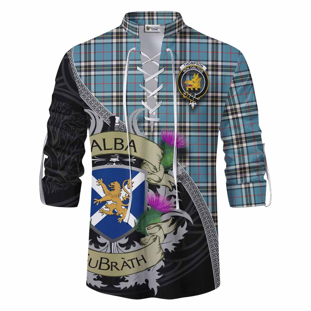 Tartan Vibes Clothing Thompson (Thomson) Tartan Family Crest Ghillie Kilt Shirt Lion Rampant Royal Thistle Shield Celtic Inspired