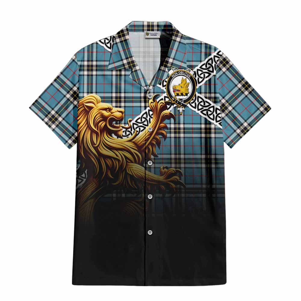 Tartan Vibes Clothing Thompson (Thomson) Crest Tartan Short Sleeve Button Shirt with Golden Lion Emblem Celtic Style