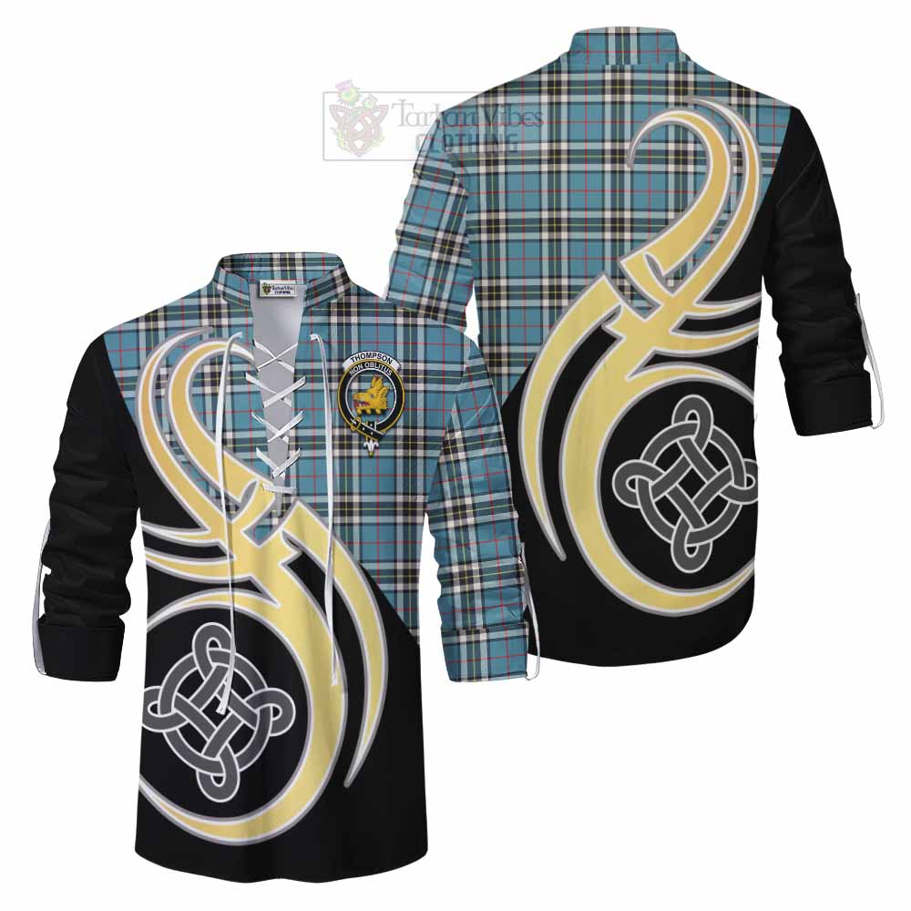 Tartan Vibes Clothing Thompson (Thomson) Tartan Ghillie Kilt Shirt with Family Crest and Celtic Symbol Style