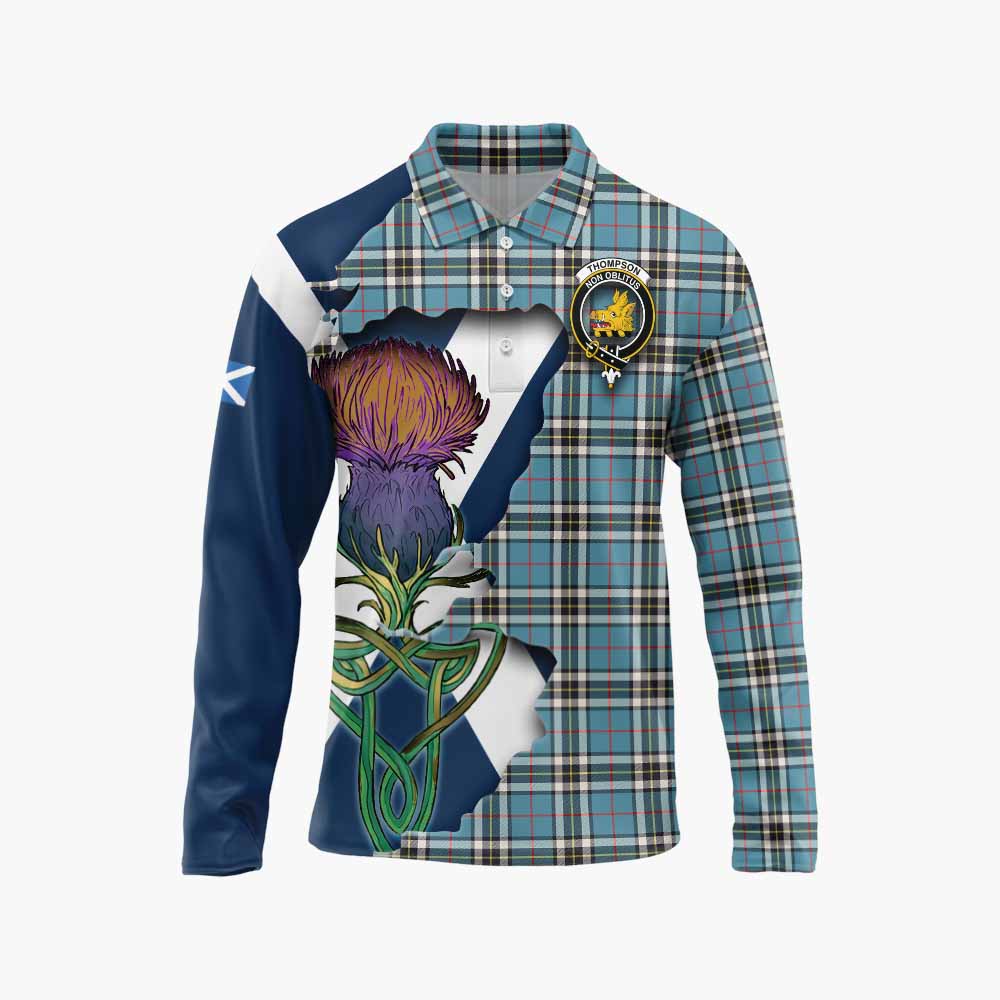 Tartan Vibes Clothing Thompson (Thomson) Tartan Family Crest Long Sleeve Polo Shirt Scottish Thistle Celtic Inspired