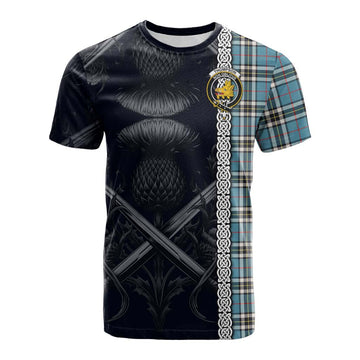 Tartan Vibes Clothing Thompson (Thomson) Tartan Cotton T-shirt with Family Crest Cross Sword Thistle Celtic Vibes