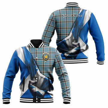 Tartan Vibes Clothing Thompson (Thomson) Tartan Baseball Jacket with Family Crest Scotland Patriotic Style