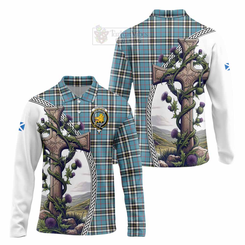 Tartan Vibes Clothing Thompson (Thomson) Tartan Long Sleeve Polo Shirt with Family Crest and St. Andrew's Cross Accented by Thistle Vines