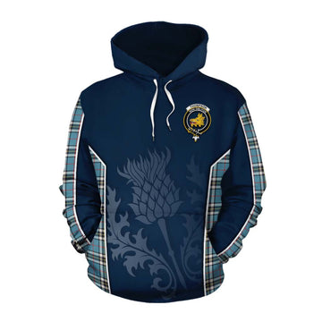 Tartan Vibes Clothing Thompson (Thomson) Tartan Cotton Hoodie with Family Crest and Scottish Thistle Vibes Sport Style