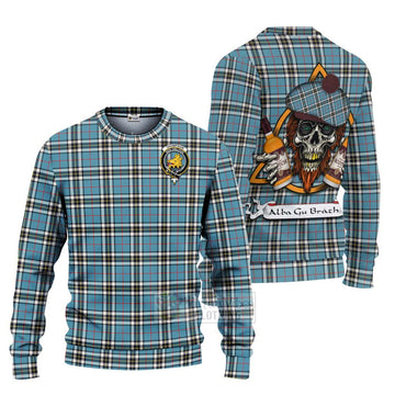 Tartan Vibes Clothing Thompson (Thomson) Tartan Knitted Sweater with Family Crest and Bearded Skull Holding Bottles of Whiskey