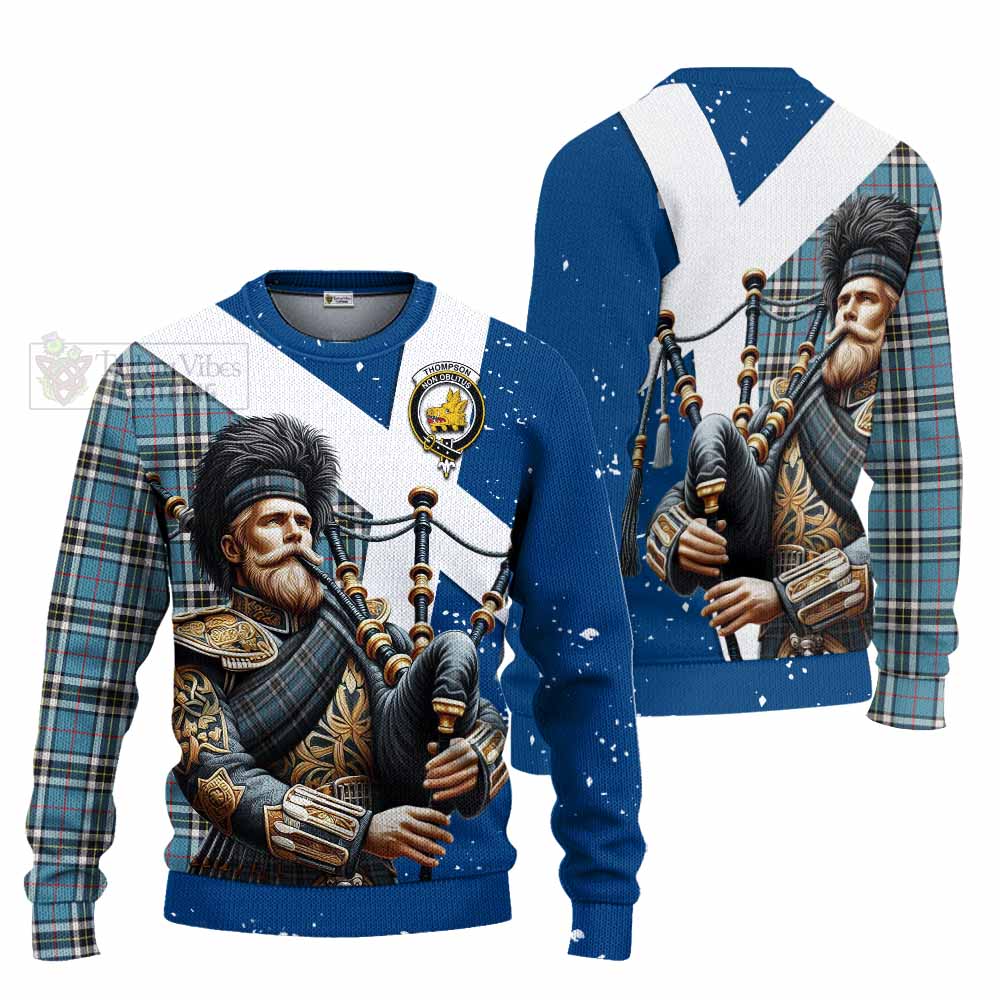 Tartan Vibes Clothing Thompson (Thomson) Tartan Knitted Sweater with Family Crest Scottish Bagpiper Vibes