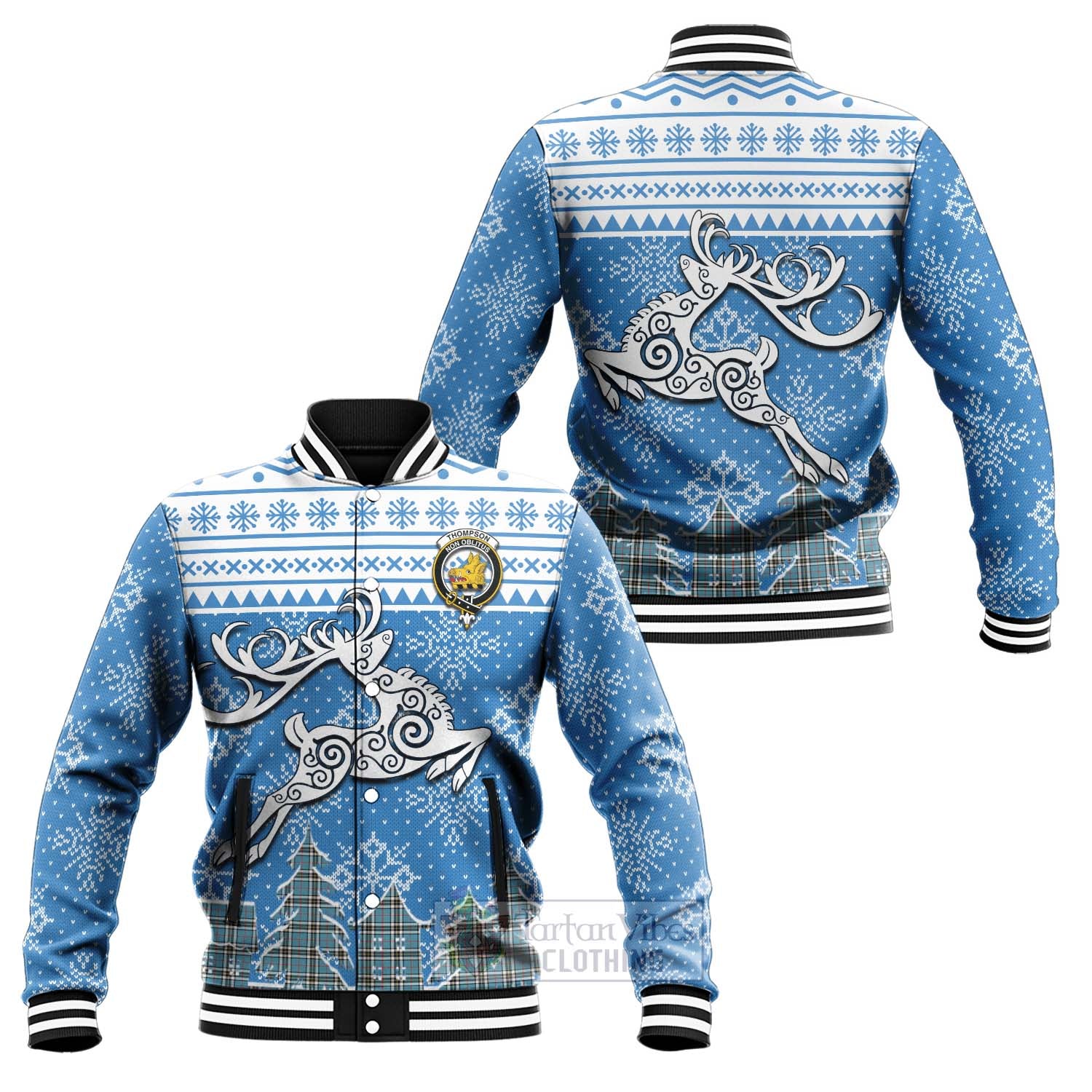 Tartan Vibes Clothing Thompson (Thomson) Clan Christmas Baseball Jacket Celtic Reindeer Style