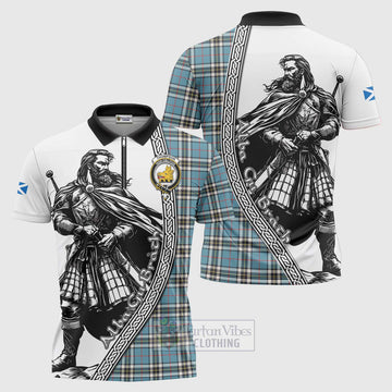 Tartan Vibes Clothing Thompson (Thomson) Tartan Clan Crest Zipper Polo Shirt with Highlander Warrior Celtic Style