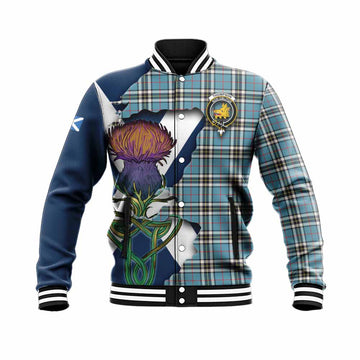 Tartan Vibes Clothing Thompson (Thomson) Tartan Family Crest Baseball Jacket Scottish Thistle Celtic Inspired