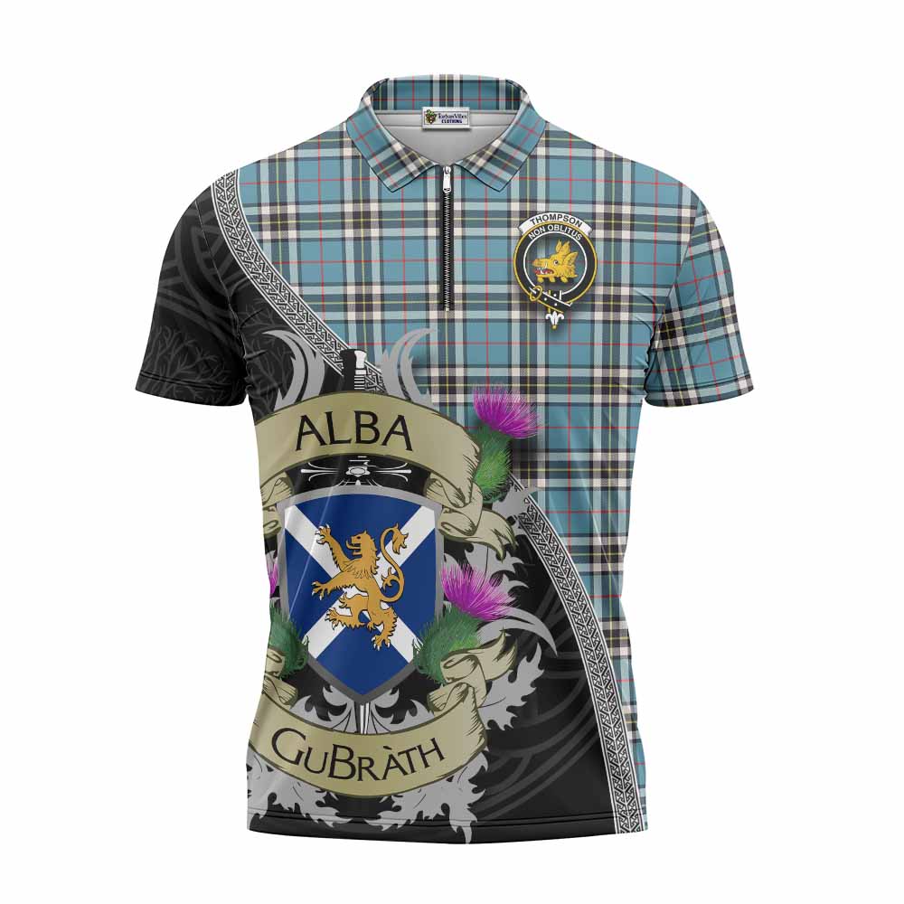 Tartan Vibes Clothing Thompson (Thomson) Tartan Family Crest Zipper Polo Shirt Lion Rampant Royal Thistle Shield Celtic Inspired