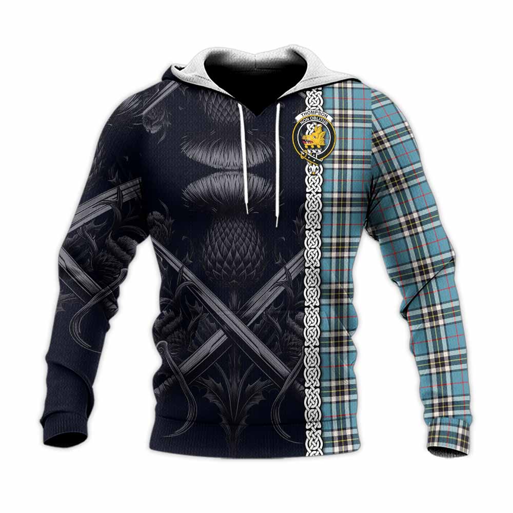 Tartan Vibes Clothing Thompson (Thomson) Tartan Knitted Hoodie with Family Crest Cross Sword Thistle Celtic Vibes
