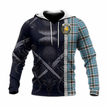 Tartan Vibes Clothing Thompson (Thomson) Tartan Knitted Hoodie with Family Crest Cross Sword Thistle Celtic Vibes