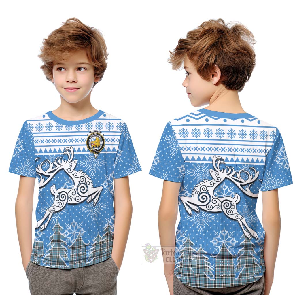 Tartan Vibes Clothing Thompson (Thomson) Clan Christmas Kid T-Shirt Celtic Reindeer Style