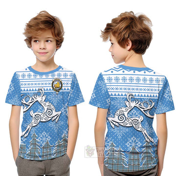 Tartan Vibes Clothing Thompson (Thomson) Clan Christmas Kid T-Shirt Celtic Reindeer Style