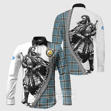Tartan Vibes Clothing Thompson (Thomson) Tartan Clan Crest Long Sleeve Button Shirt with Highlander Warrior Celtic Style