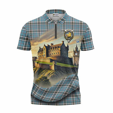 Tartan Vibes Clothing Thompson (Thomson) Tartan Family Crest Zipper Polo Shirt with Scottish Ancient Castle Stype