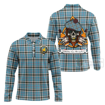 Tartan Vibes Clothing Thompson (Thomson) Tartan Long Sleeve Polo Shirt with Family Crest and Bearded Skull Holding Bottles of Whiskey
