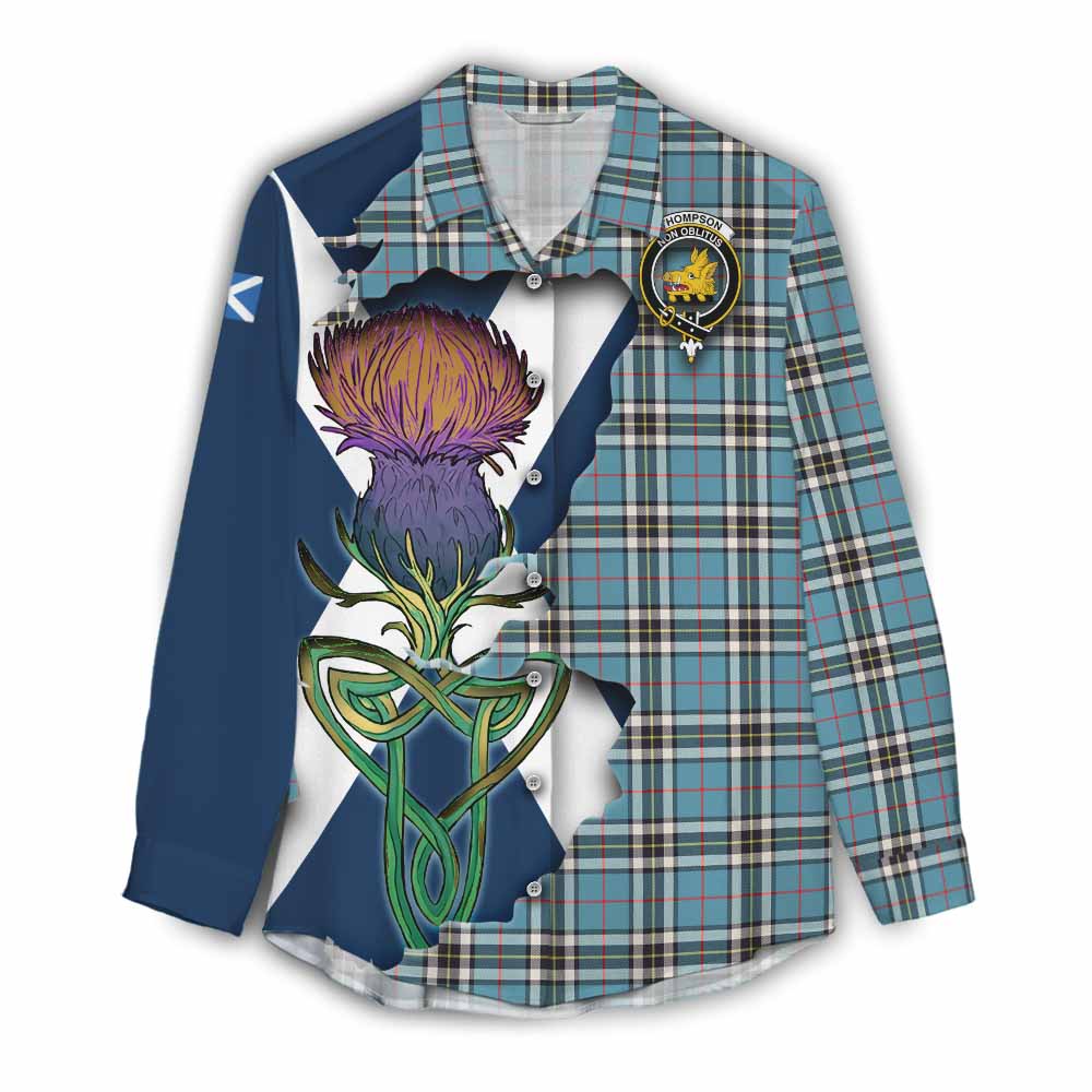 Tartan Vibes Clothing Thompson (Thomson) Tartan Family Crest Women's Casual Shirt Scottish Thistle Celtic Inspired