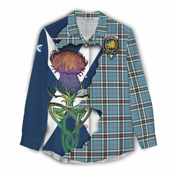 Tartan Vibes Clothing Thompson (Thomson) Tartan Family Crest Women's Casual Shirt Scottish Thistle Celtic Inspired