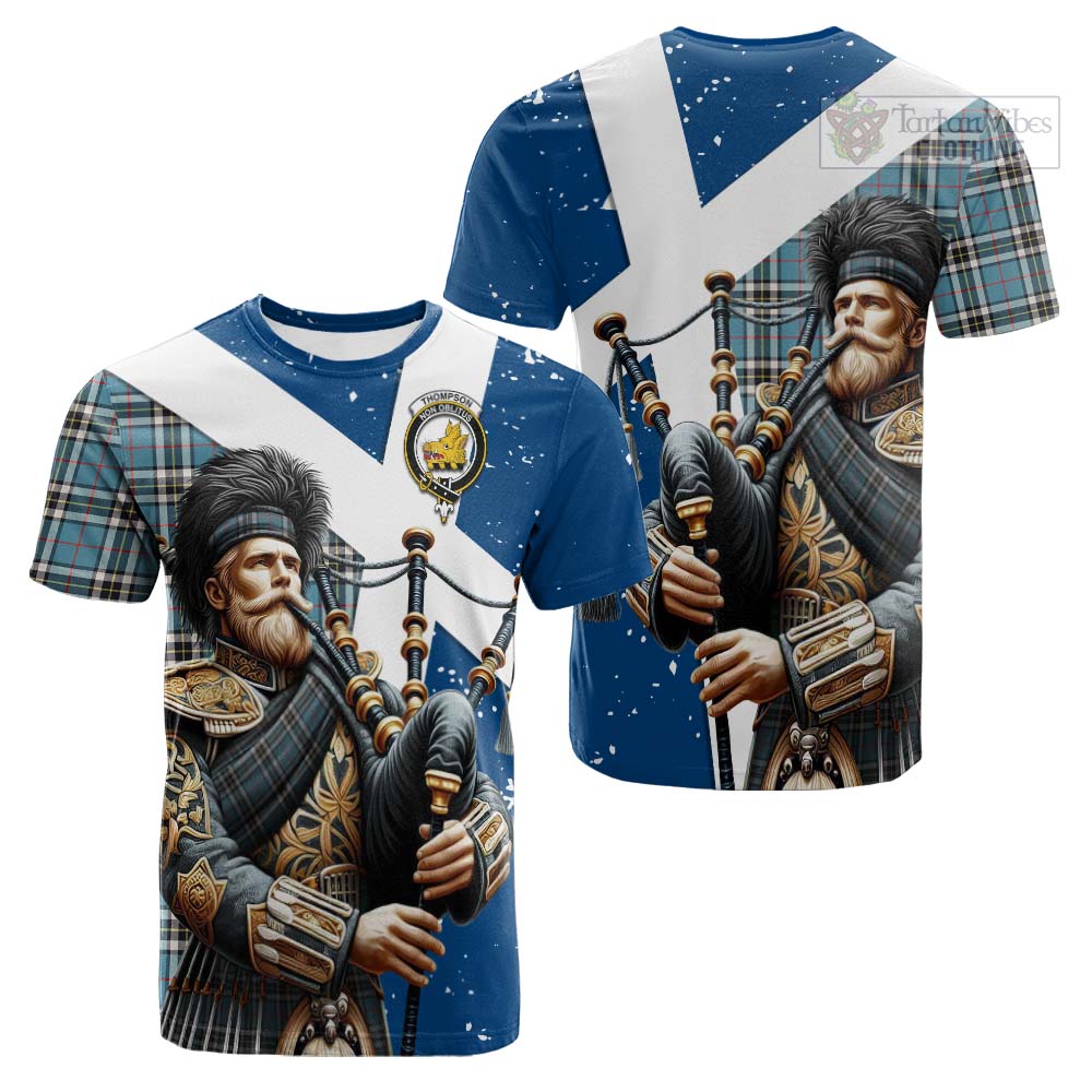 Tartan Vibes Clothing Thompson (Thomson) Tartan Cotton T-shirt with Family Crest Scottish Bagpiper Vibes