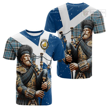 Tartan Vibes Clothing Thompson (Thomson) Tartan Cotton T-shirt with Family Crest Scottish Bagpiper Vibes