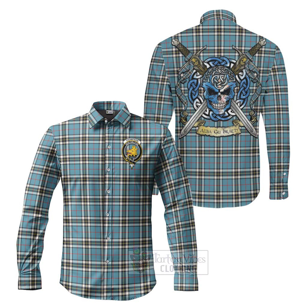 Tartan Vibes Clothing Thompson (Thomson) Tartan Long Sleeve Button Shirt with Family Crest Celtic Skull Style