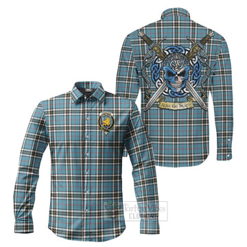 Tartan Vibes Clothing Thompson (Thomson) Tartan Long Sleeve Button Shirt with Family Crest Celtic Skull Style