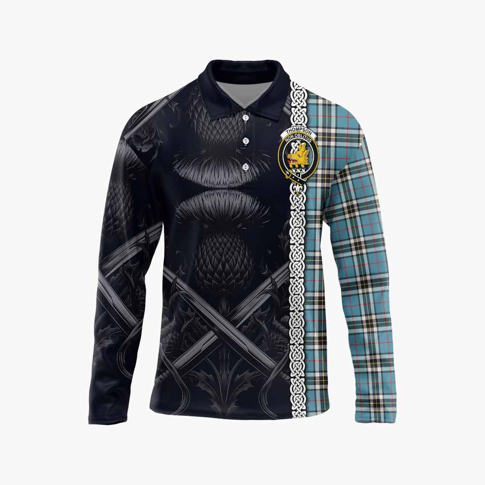 Tartan Vibes Clothing Thompson (Thomson) Tartan Long Sleeve Polo Shirt with Family Crest Cross Sword Thistle Celtic Vibes