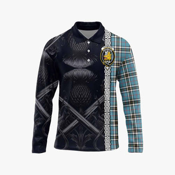 Tartan Vibes Clothing Thompson (Thomson) Tartan Long Sleeve Polo Shirt with Family Crest Cross Sword Thistle Celtic Vibes