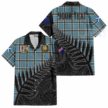 Tartan Vibes Clothing Thompson (Thomson) Crest Tartan Short Sleeve Button Shirt with New Zealand Silver Fern Half Style