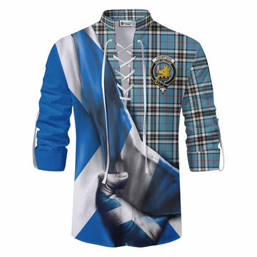 Tartan Vibes Clothing Thompson (Thomson) Tartan Ghillie Kilt Shirt with Family Crest Scotland Patriotic Style