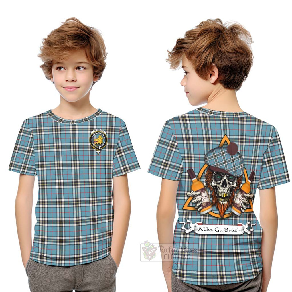 Tartan Vibes Clothing Thompson (Thomson) Tartan Kid T-Shirt with Family Crest and Bearded Skull Holding Bottles of Whiskey