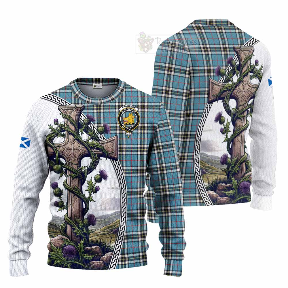 Tartan Vibes Clothing Thompson (Thomson) Tartan Knitted Sweater with Family Crest and St. Andrew's Cross Accented by Thistle Vines