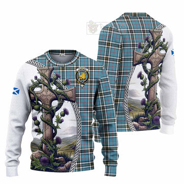 Tartan Vibes Clothing Thompson (Thomson) Tartan Knitted Sweater with Family Crest and St. Andrew's Cross Accented by Thistle Vines