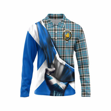 Tartan Vibes Clothing Thompson (Thomson) Tartan Long Sleeve Polo Shirt with Family Crest Scotland Patriotic Style