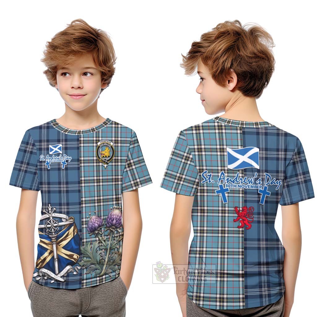 Tartan Vibes Clothing Thompson (Thomson) Tartan Kid T-Shirt Happy St. Andrew's Day Half Tartan Style