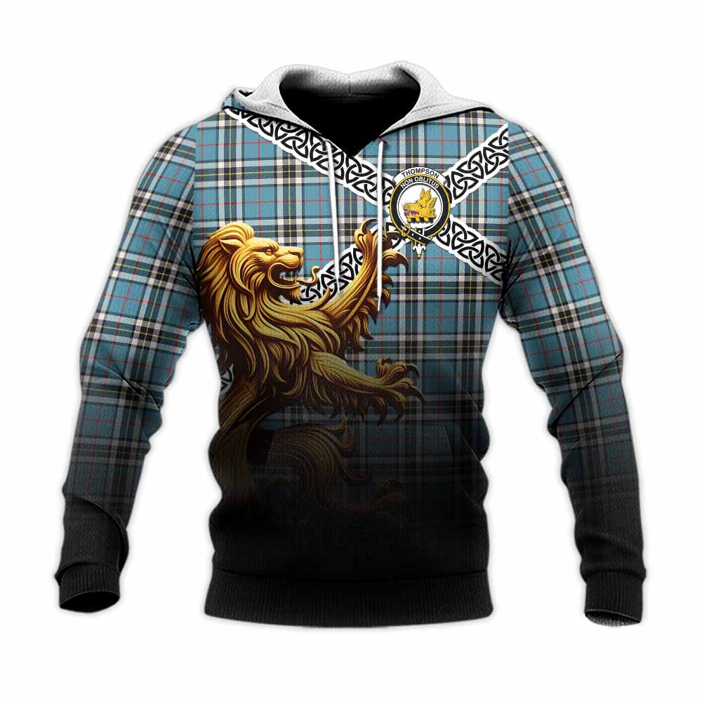 Tartan Vibes Clothing Thompson (Thomson) Crest Tartan Knitted Hoodie with Golden Lion Emblem Celtic Style
