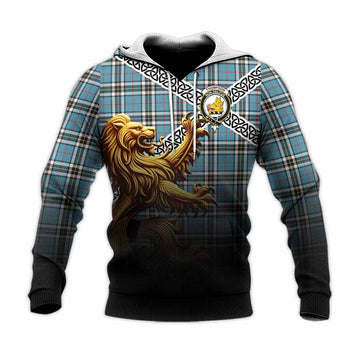 Tartan Vibes Clothing Thompson (Thomson) Crest Tartan Knitted Hoodie with Golden Lion Emblem Celtic Style