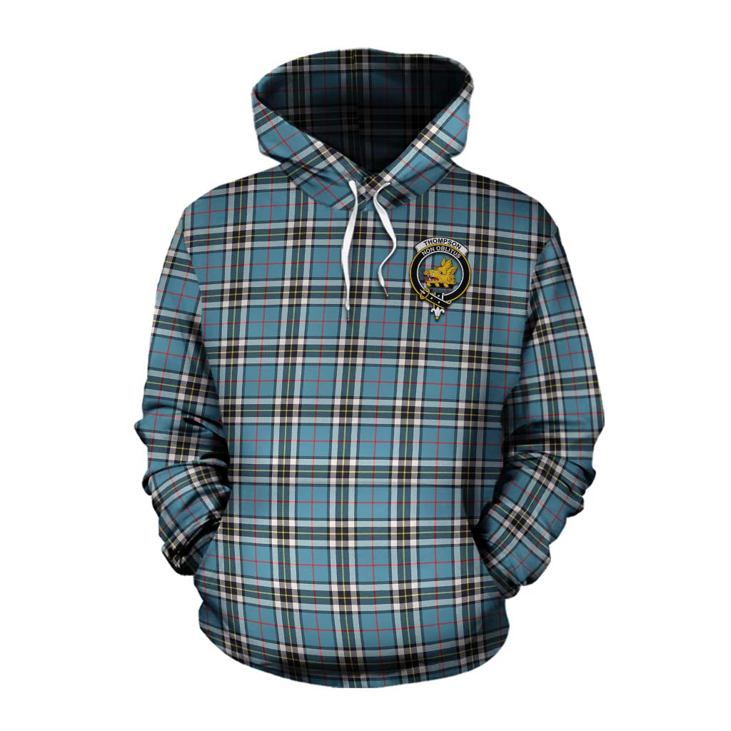 Tartan Vibes Clothing Thompson (Thomson) Tartan Cotton Hoodie with Family Crest and Bearded Skull Holding Bottles of Whiskey