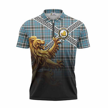 Tartan Vibes Clothing Thompson (Thomson) Crest Tartan Zipper Polo Shirt with Golden Lion Emblem Celtic Style