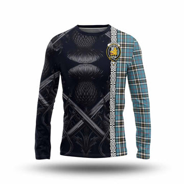 Tartan Vibes Clothing Thompson (Thomson) Tartan Long Sleeve T-Shirt with Family Crest Cross Sword Thistle Celtic Vibes