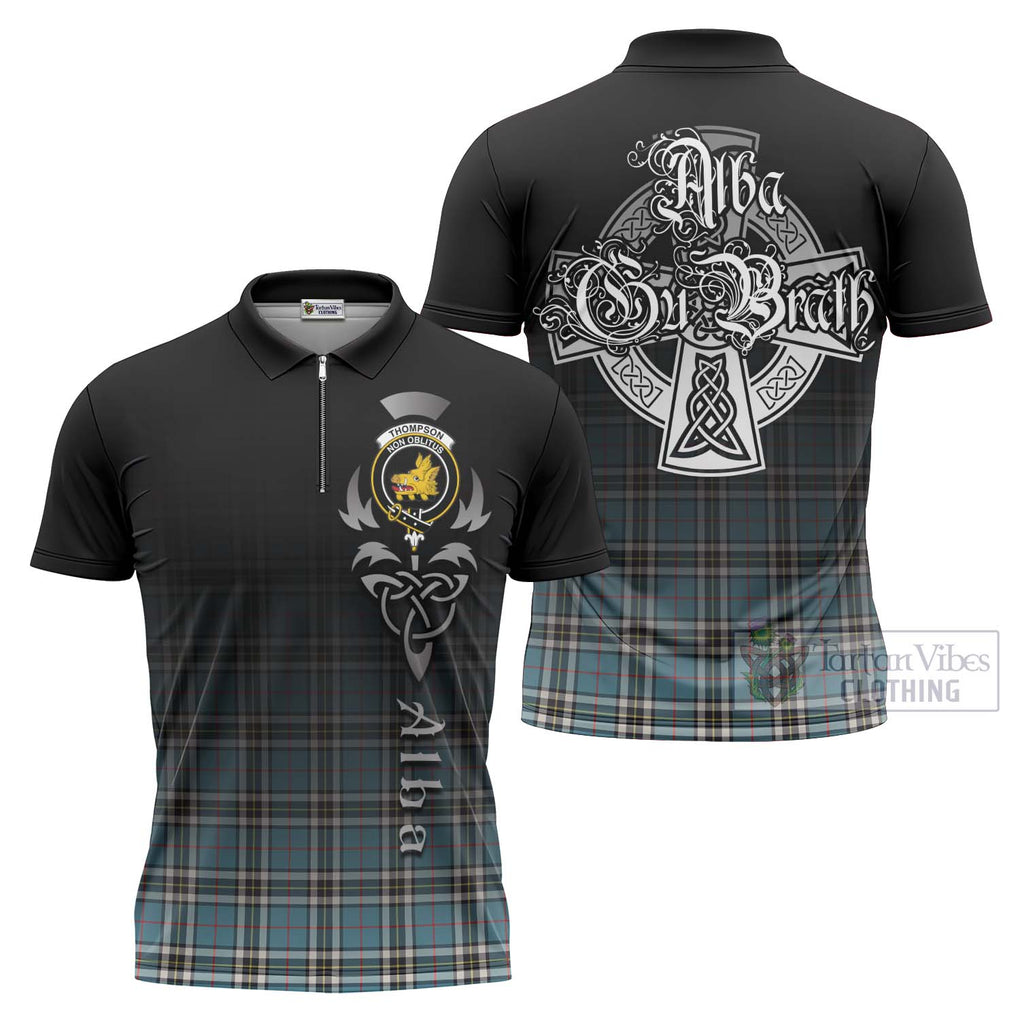 Tartan Vibes Clothing Thompson (Thomson) Tartan Zipper Polo Shirt Featuring Alba Gu Brath Family Crest Celtic Inspired