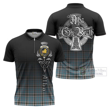 Tartan Vibes Clothing Thompson (Thomson) Tartan Zipper Polo Shirt Featuring Alba Gu Brath Family Crest Celtic Inspired