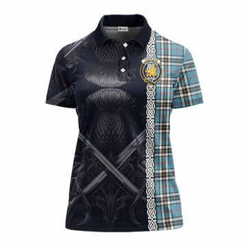 Tartan Vibes Clothing Thompson (Thomson) Tartan Women's Polo Shirt with Family Crest Cross Sword Thistle Celtic Vibes