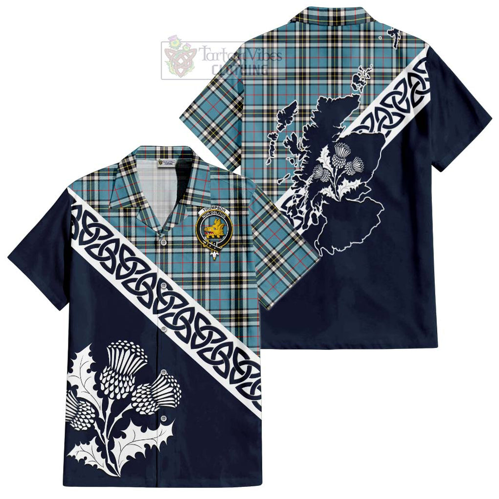 Tartan Vibes Clothing Thompson (Thomson) Tartan Short Sleeve Button Shirt Featuring Thistle and Scotland Map