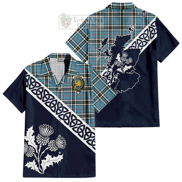 Tartan Vibes Clothing Thompson (Thomson) Tartan Short Sleeve Button Shirt Featuring Thistle and Scotland Map