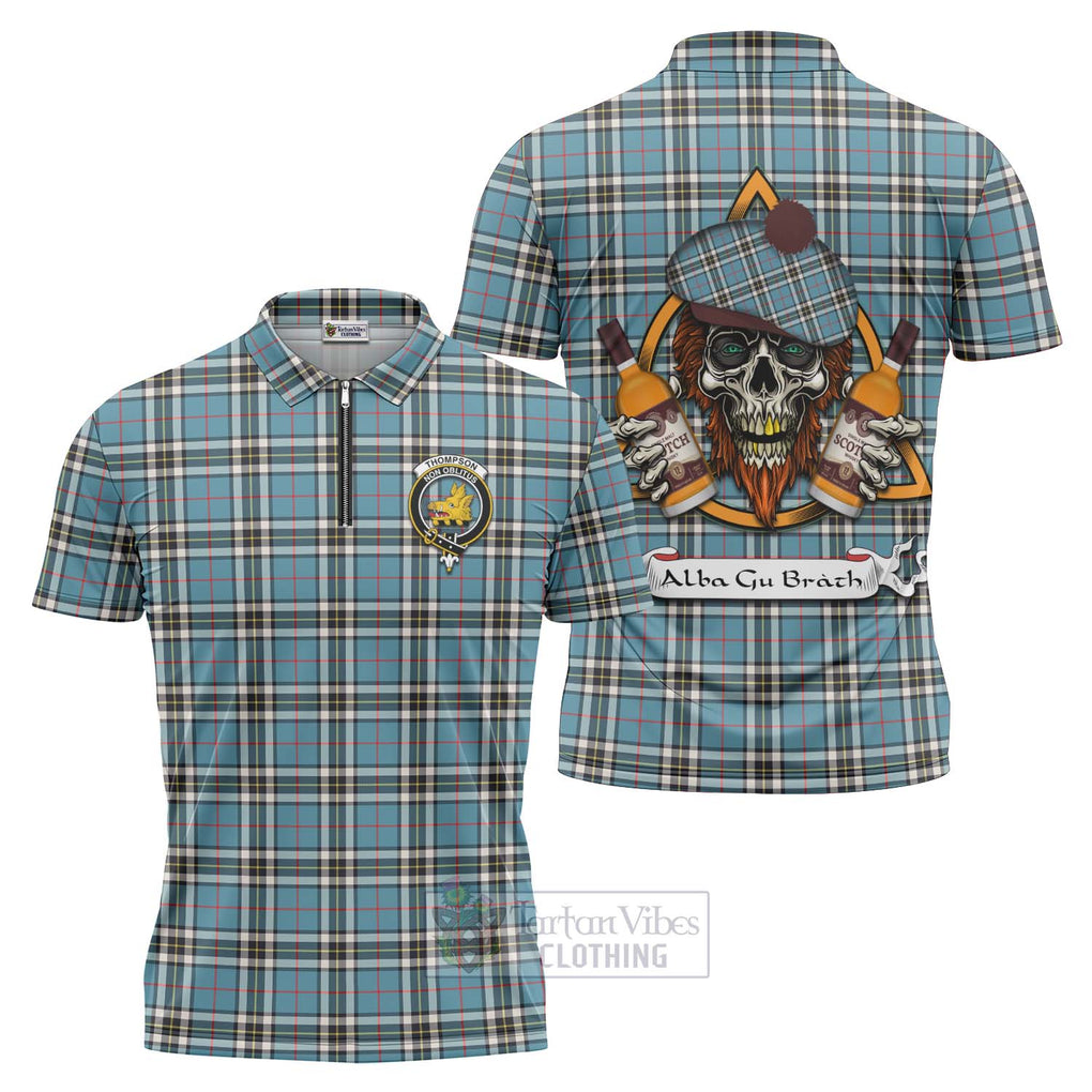 Tartan Vibes Clothing Thompson (Thomson) Tartan Zipper Polo Shirt with Family Crest and Bearded Skull Holding Bottles of Whiskey