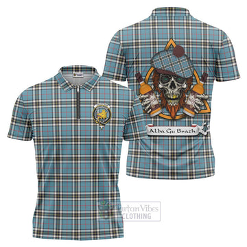 Tartan Vibes Clothing Thompson (Thomson) Tartan Zipper Polo Shirt with Family Crest and Bearded Skull Holding Bottles of Whiskey