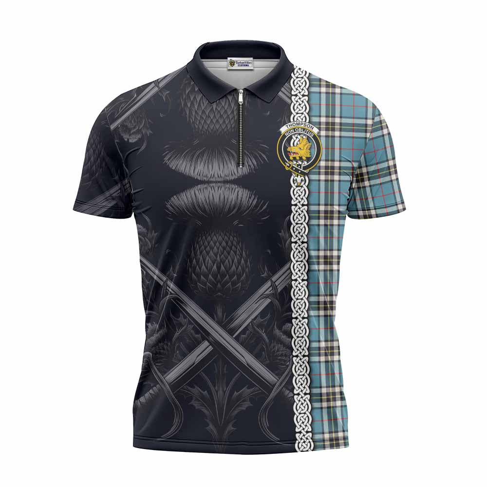 Tartan Vibes Clothing Thompson (Thomson) Tartan Zipper Polo Shirt with Family Crest Cross Sword Thistle Celtic Vibes