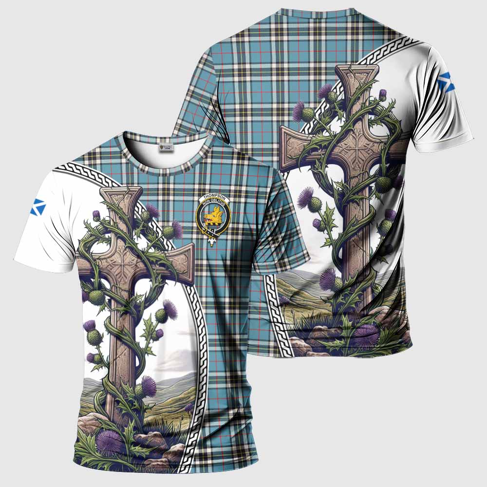 Tartan Vibes Clothing Thompson (Thomson) Agnew Tartan T-Shirt with Family Crest and St. Andrew's Cross Accented by Thistle Vines